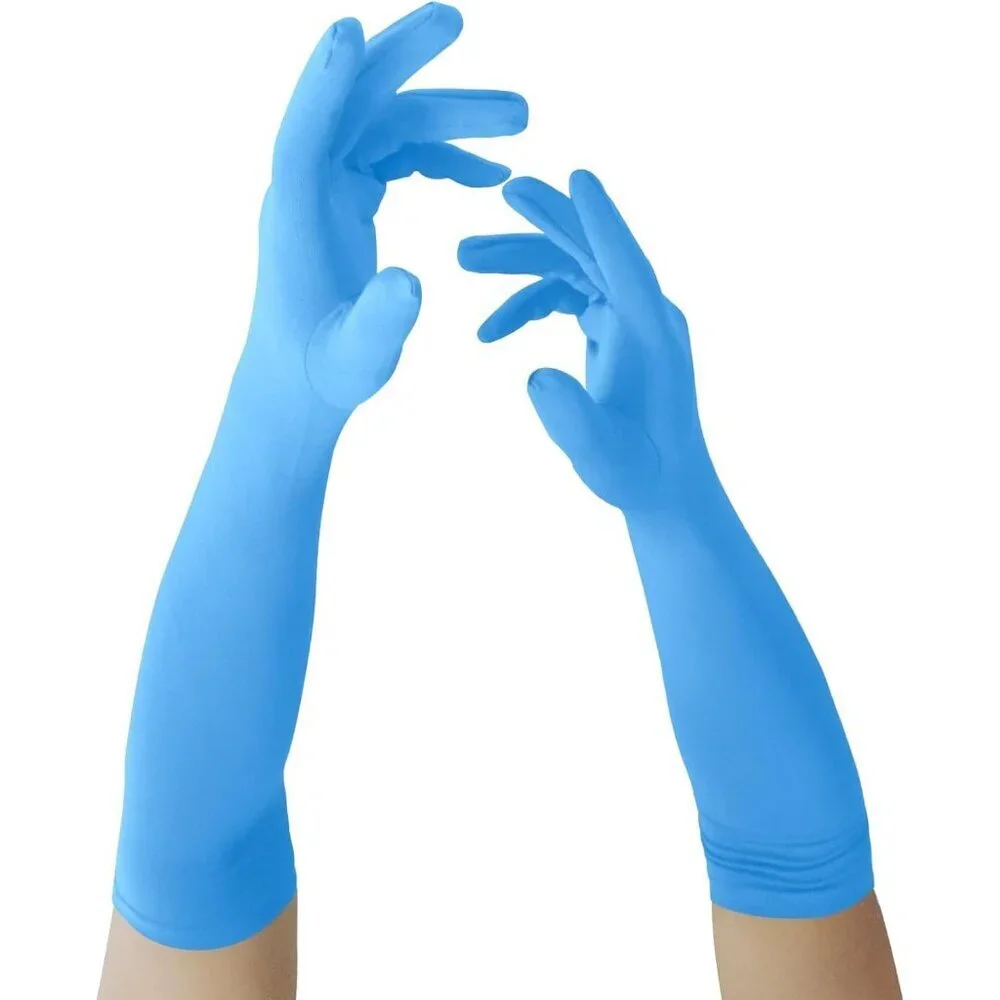 Women's Sky Blue Elbow Length Fabric Satin Gloves Halloween Costume Accessories